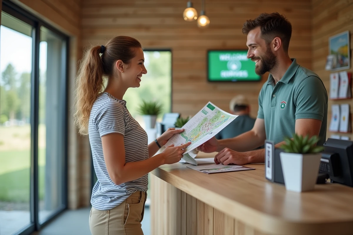 Vacancière accueillie à la réception d'un camping en chaîne avec carte et informations pratiques