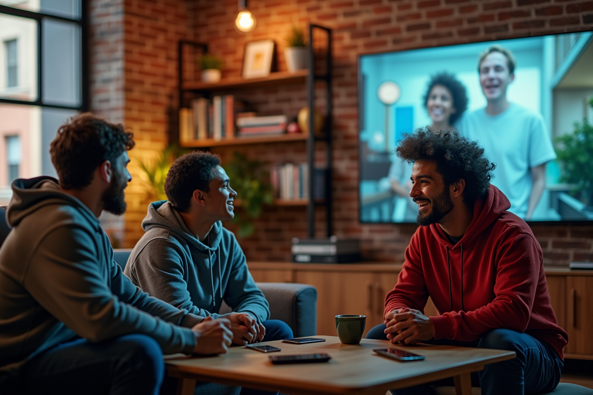 Trois amis regardant une série sur une TV murale