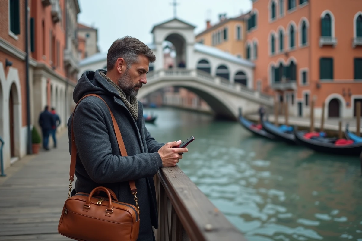 Homme consultant son smartphone sur le pont Scalzi devant la gare Santa Lucia de Venise avec vue sur le Grand Canal et les gondoles