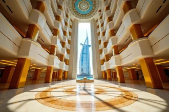 Atrium monumental du Burj Al Arab à Dubaï avec balcons en or et plafond en forme de dôme aux motifs arabesques bleus et dorés
