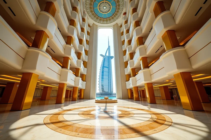 Atrium monumental du Burj Al Arab à Dubaï avec balcons en or et plafond en forme de dôme aux motifs arabesques bleus et dorés