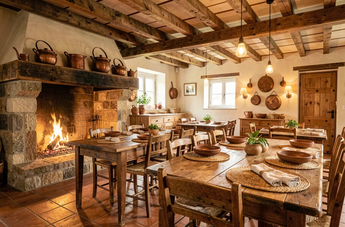 Salle à manger rustique de l'Auberge du Fumoir en Finistère avec cheminée en pierre et poutres apparentes
