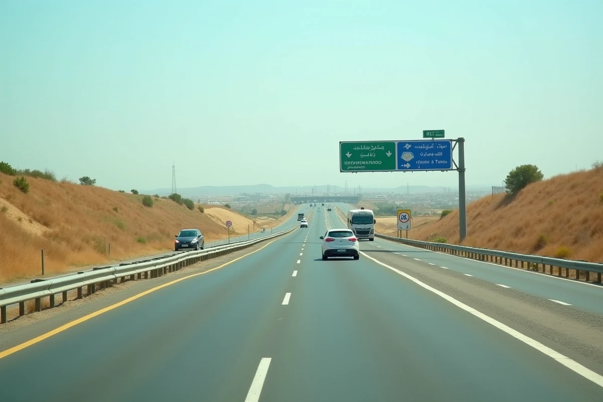 Autoroute tunisienne vers Tunis avec signalisation routière bilingue arabe et français