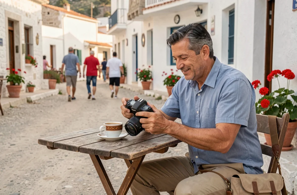 Voyageur solo savourant un café grec en terrasse dans un village de Macédoine lors d'un autotour sans stress