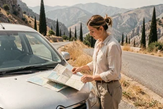 Femme consultant une carte routière appuyée sur sa voiture de location sur une route de montagne en Macédoine grecque