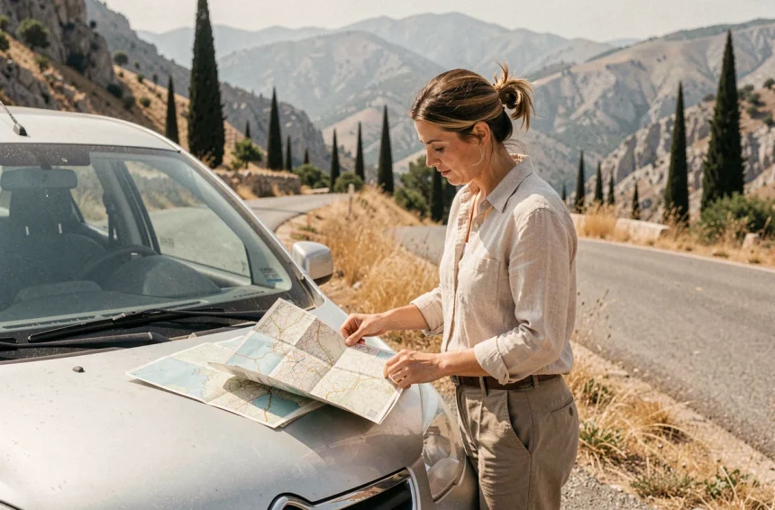 Femme consultant une carte routière appuyée sur sa voiture de location sur une route de montagne en Macédoine grecque