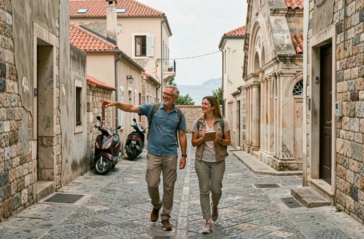 Couple de voyageurs explorant les ruelles historiques de Thessalonique lors d'un autotour en Macédoine grecque