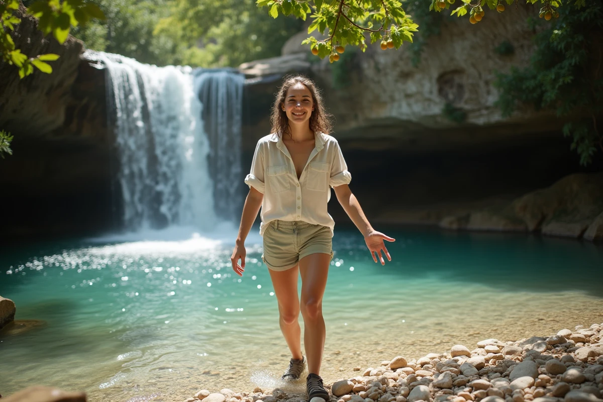 Randonneuse profitant du bassin naturel de la Cascade de la Vis, eau claire et rochers calcaires au premier plan