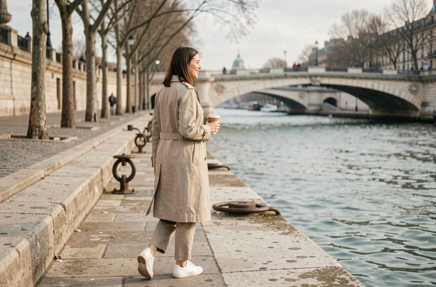 Femme se promenant le long des quais de la Seine à Paris un dimanche matin avec un café à la main