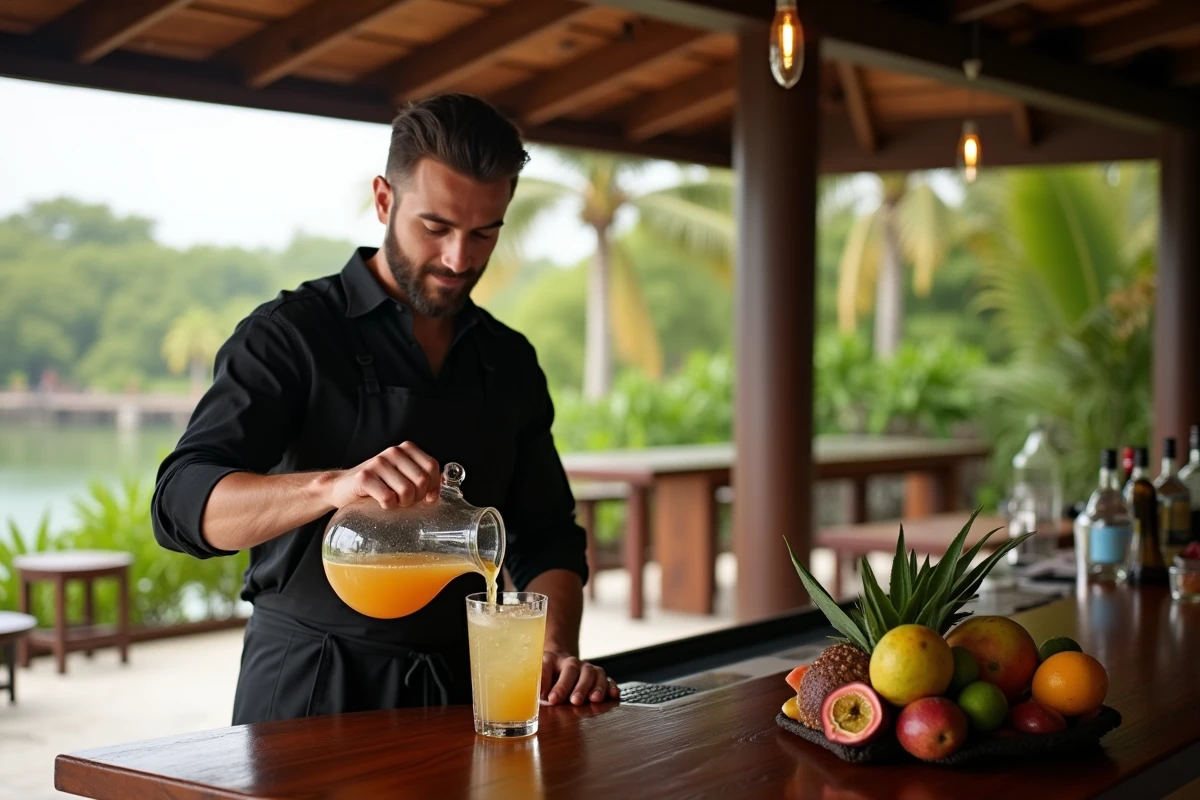 Sommelier versant un punch au rhum agricole au bar en bois d'un hôtel de luxe en Guadeloupe avec vue sur le littoral tropical