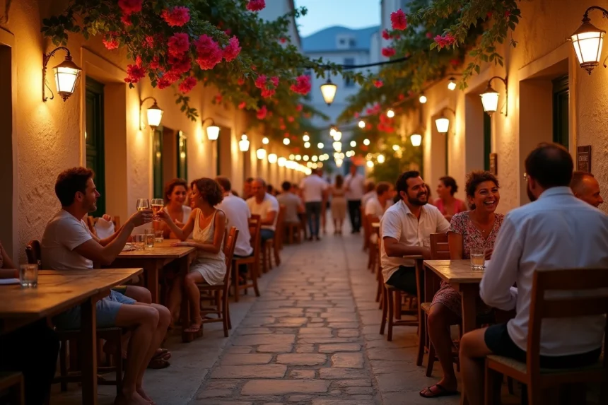 Terrasse animée d'un bar en plein air dans un village crétois la nuit avec des habitants attablés