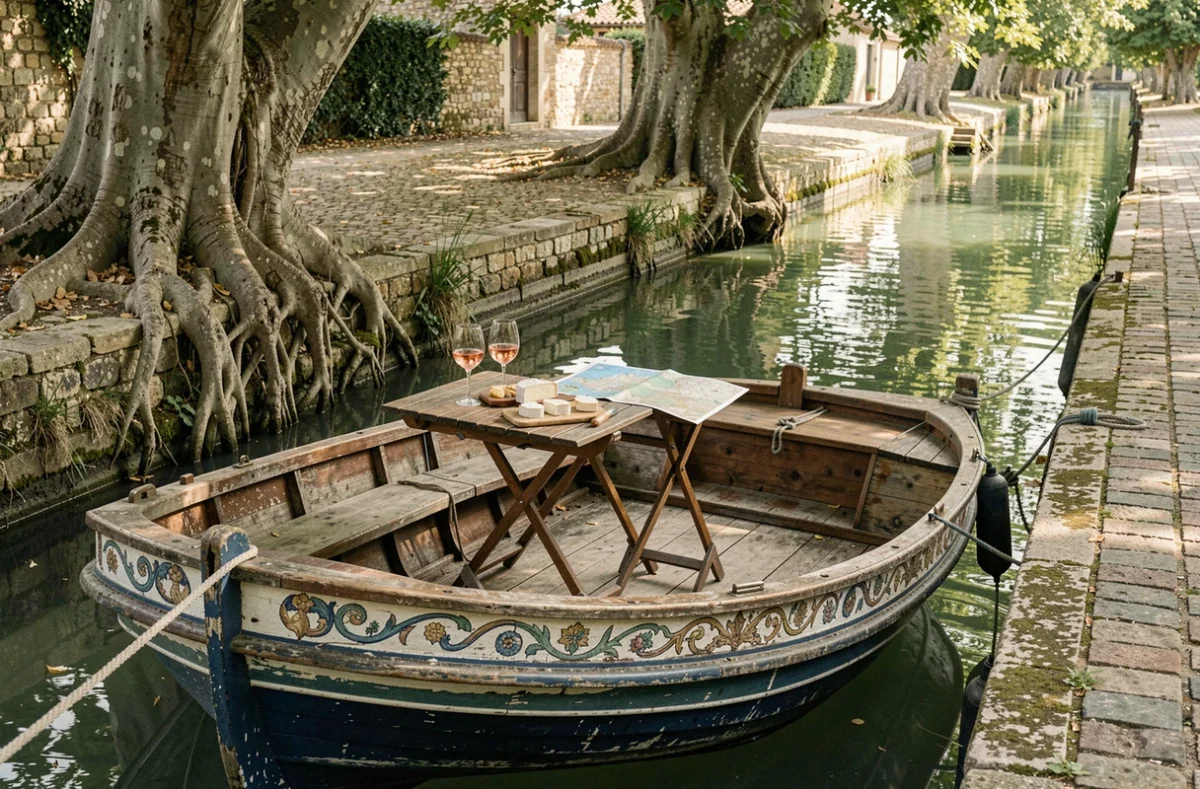 Bateau fluvial amarré sur le Canal du Midi avec un déjeuner sur le pont lors d'une escale