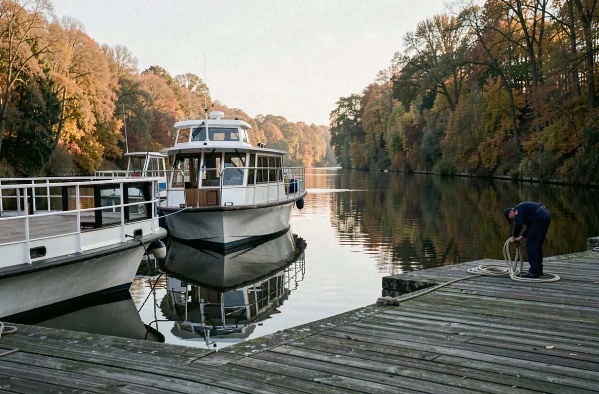 Bateau de croisière amarré sur l'Erdre au lever du jour avec reflets sur l'eau calme et berges automnales
