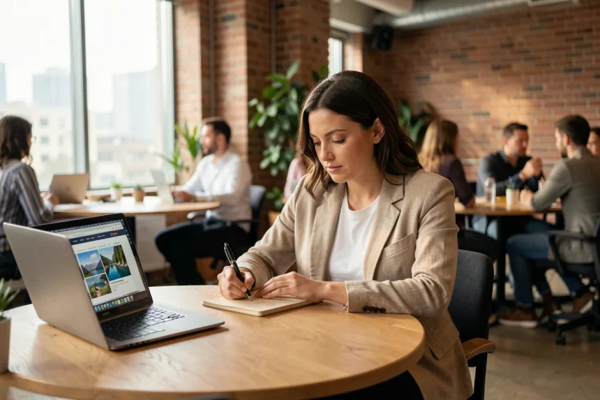 Blogueuse voyage prenant des notes lors d'un salon professionnel de blogueurs voyageurs dans un espace co-working moderne