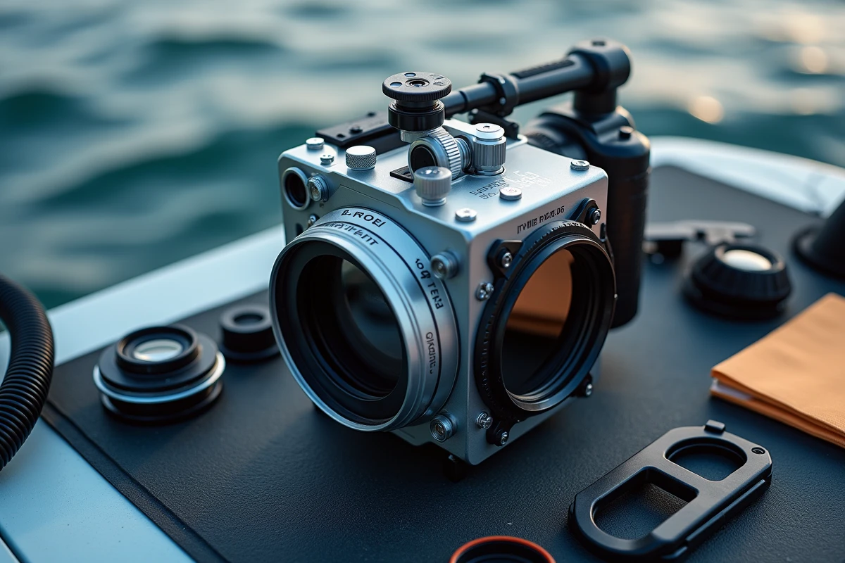 Boîtier étanche pour appareil photo sous-marin posé sur le pont d'un bateau de plongée avec accessoires