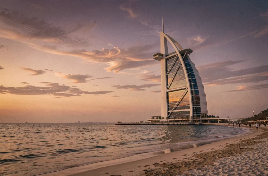 Vue panoramique du Burj Al Arab depuis la plage de Jumeirah au coucher du soleil, reflété dans les eaux du golfe Persique