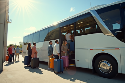 Autocar moderne garé devant une destination touristique populaire avec un groupe de voyageurs chargant leurs bagages
