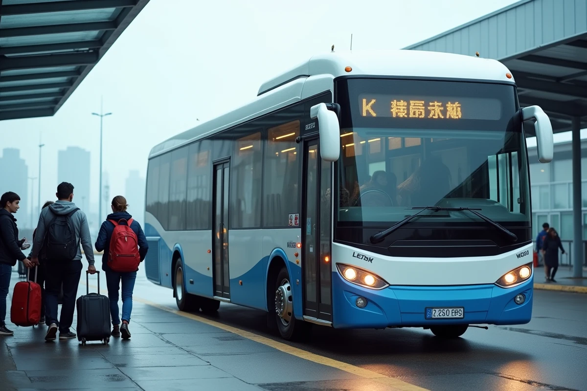 Bus de voyage longue distance en partance pour New York depuis Montréal, avec voyageurs en train d'embarquer leurs bagages