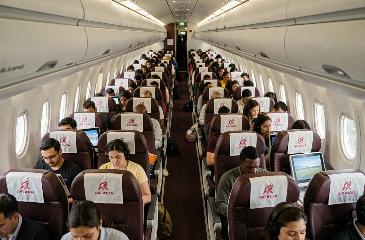 Vue en perspective de la cabine économique Air India sur un Airbus A350 avec passagers et écrans de divertissement en vol