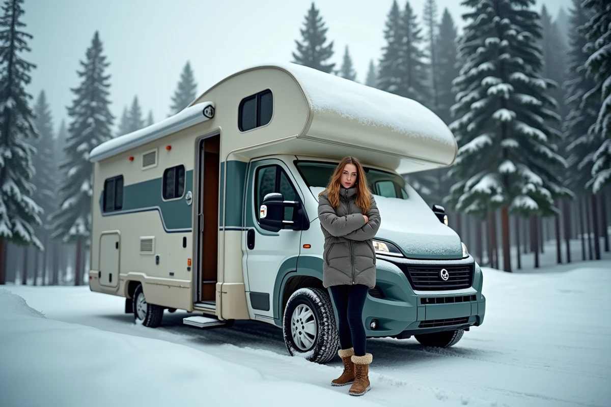 Femme en vêtements d'hiver devant un camping-car garé dans une forêt enneigée en montagne