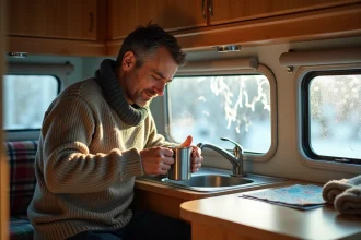 Homme préparant une boisson chaude dans l'espace cuisine d'un camping-car en hiver, fenêtre givrée en arrière-plan