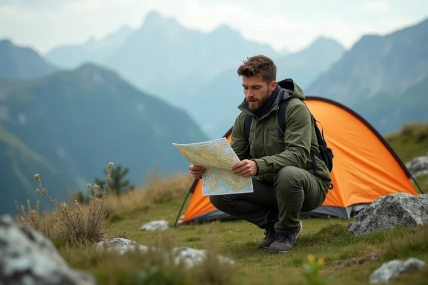 Randonneur étudiant une carte topographique devant sa tente de camping sauvage dans les Dolomites italiennes