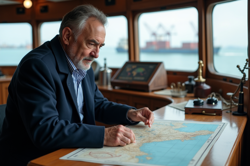 Capitaine en mer étudiant une carte nautique à bord