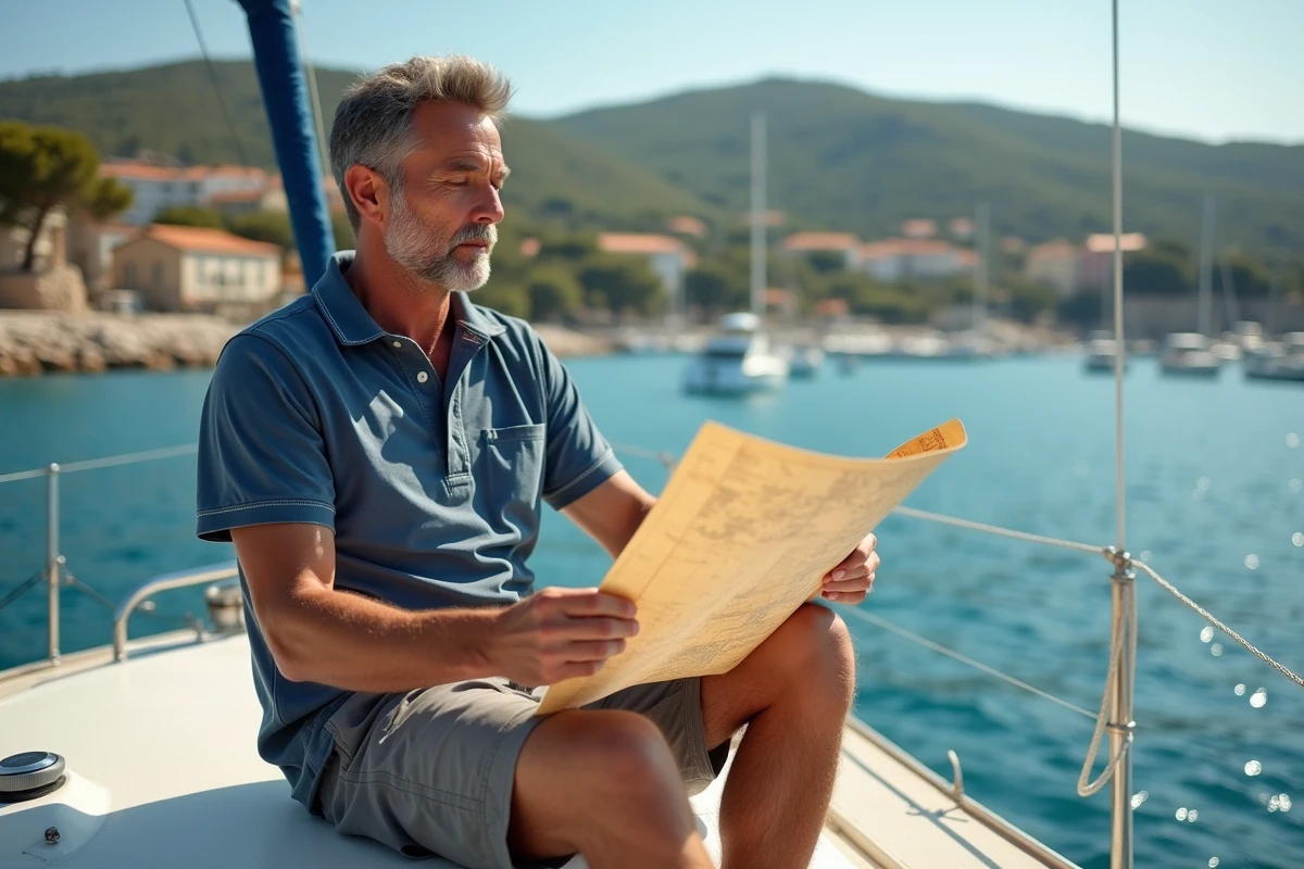 Homme consultant une carte nautique à bord d'un voilier ancré devant le port de Porquerolles, village et pinède visibles en arrière-plan