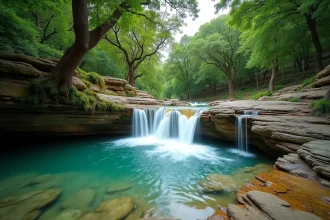Cascade de la Vis dans l'Hérault, eau turquoise tombant sur des rochers calcaires entourés de végétation luxuriante