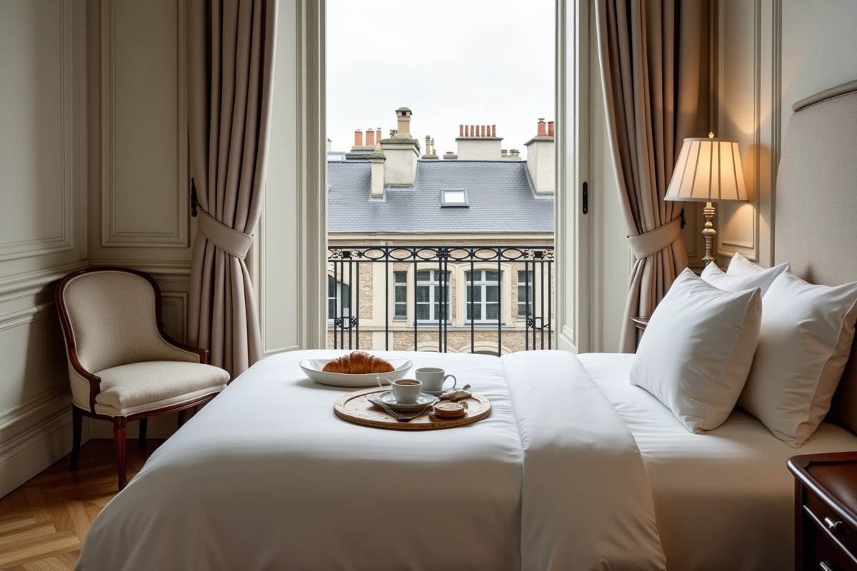 Chambre d'hôtel parisien avec vue sur les toits, proche du musée d'Orsay, avec petit-déjeuner français