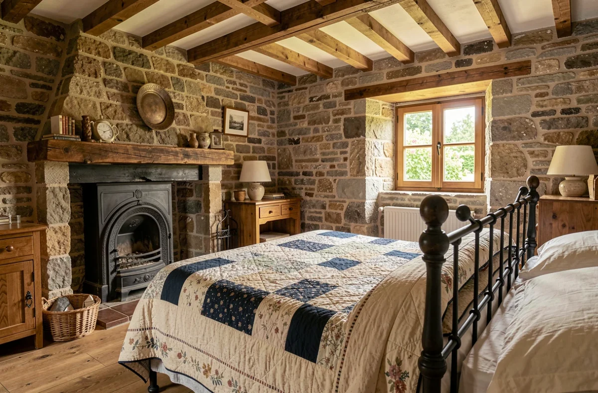 Chambre rustique avec murs en pierre et lit en fer forgé de la chambre d'hôtes Kerbiriou en Finistère