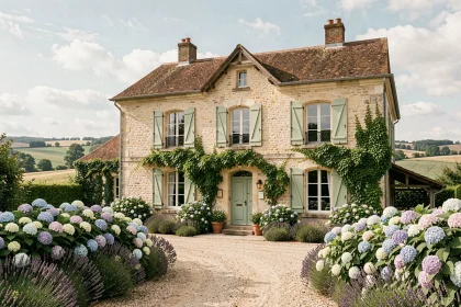 Façade d'une chambre d'hôtes de charme en pierre dans les Pays de la Loire entourée d'un jardin fleuri