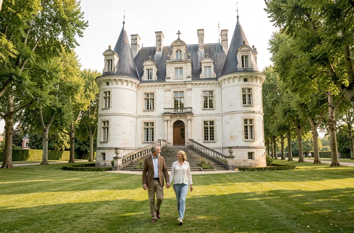 Façade Renaissance en tuffeau blanc du Château de Montmirail en Sarthe avec couple se promenant dans le parc