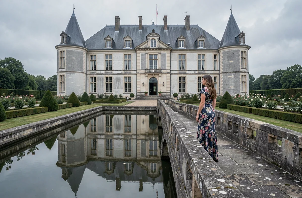 Château de la Grange Moreau reflété dans les douves avec une touriste sur le pont de pierre