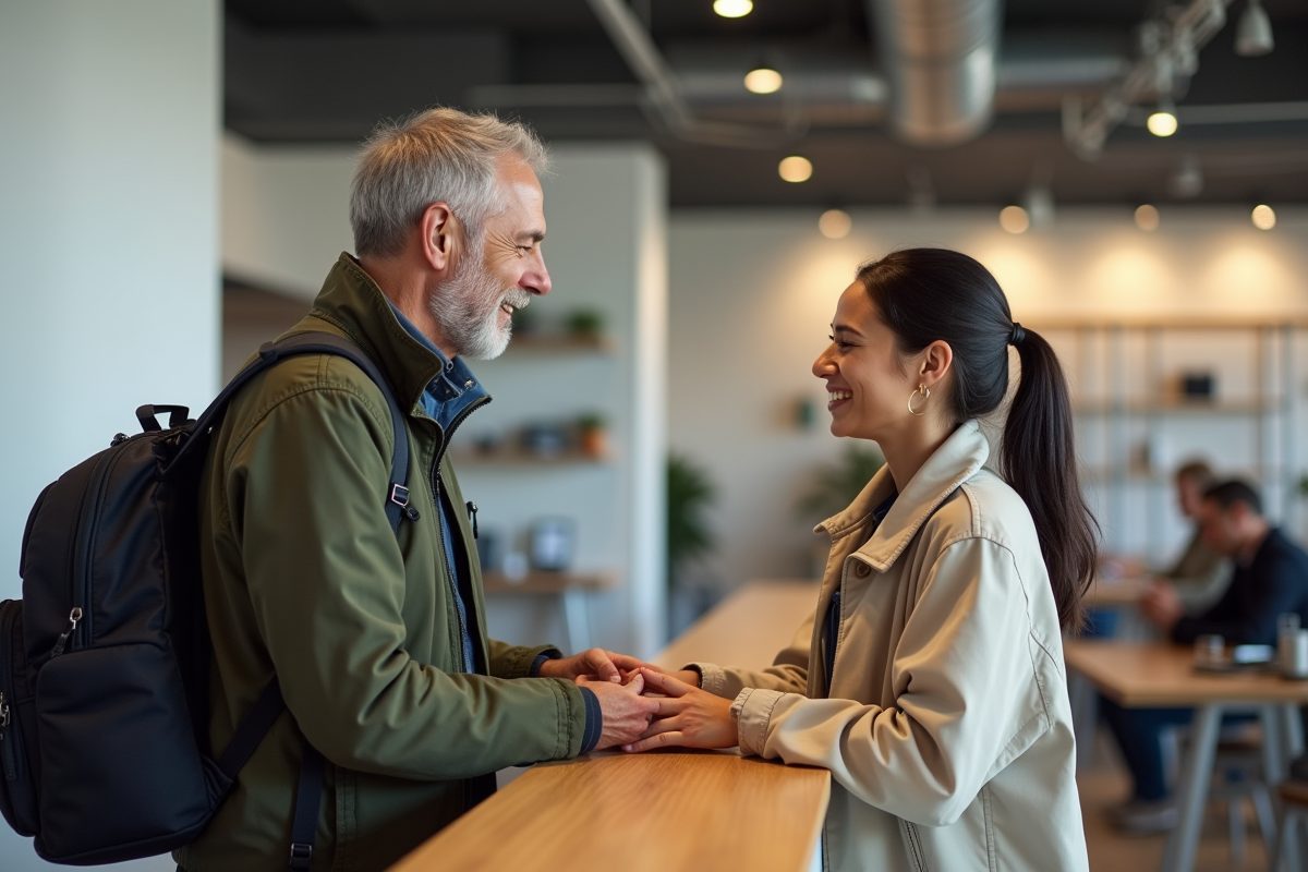 Homme d age check-in à la réception d un hostel