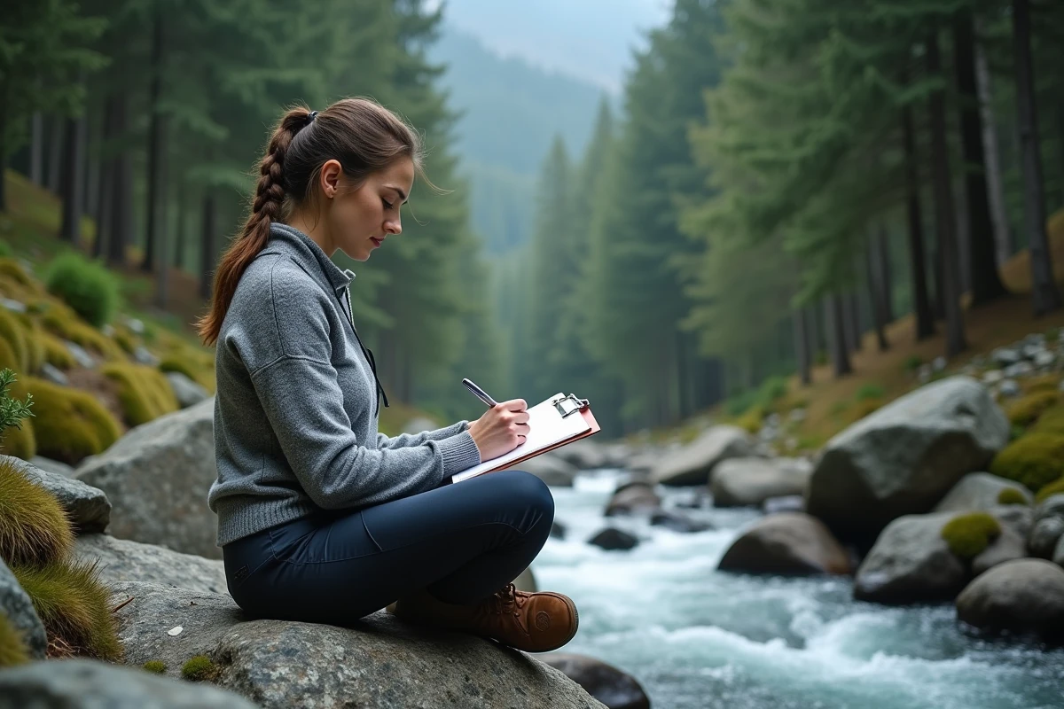 Femme consultant une check-list de camping sauvage assise sur un rocher au bord d'un ruisseau en forêt italienne