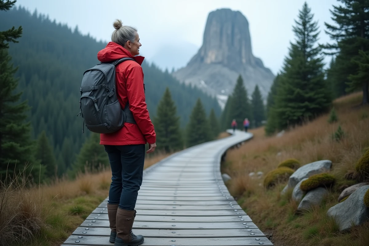 Randonneuse sur un chemin aménagé en bois vers la Tour de piz avec vue sur le sommet rocheux