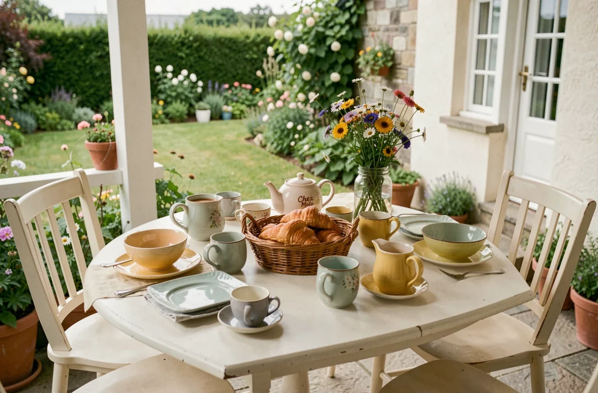 Table du petit-déjeuner dressée sur la terrasse de Chez Melo, chambre d'hôtes du Finistère avec jardin fleuri