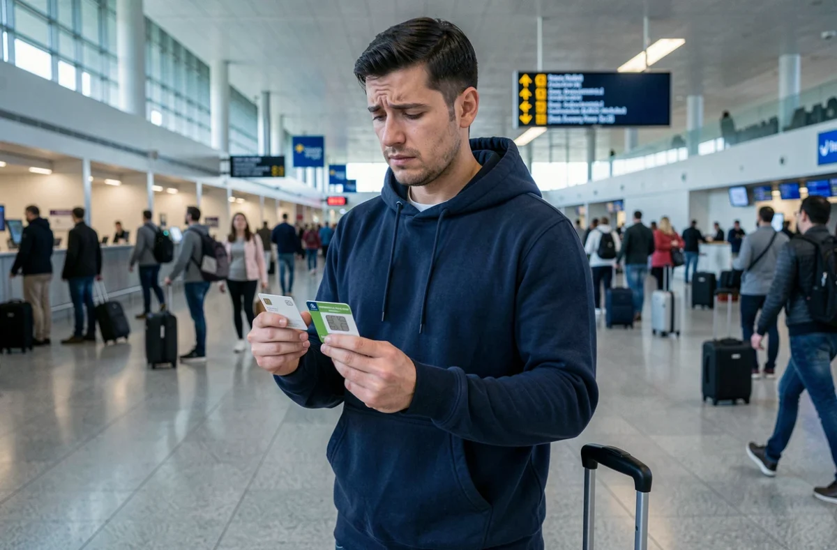 Homme comparant des forfaits SIM pour le Maroc dans un terminal d'aéroport international avant son départ, valise à roulettes à ses côtés