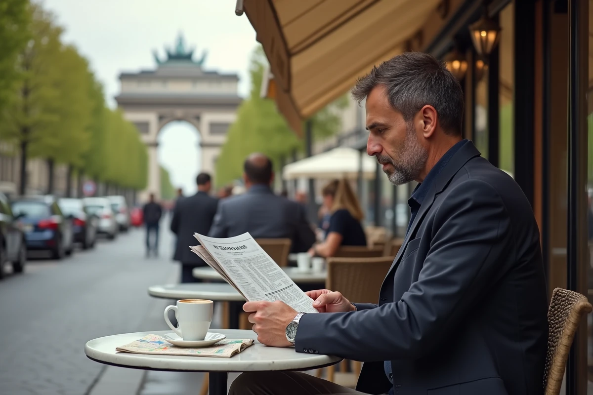 Homme comparant des hôtels près du musée d'Orsay dans un café parisien de la Rive Gauche