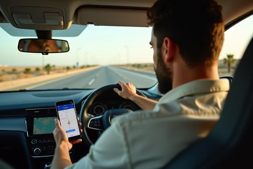 Conducteur tunisien consultant une application de navigation GPS sur l'autoroute Monastir-Tunis