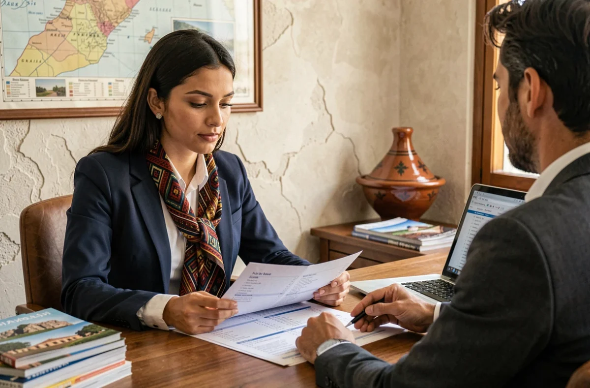 Conseillère voyage marocaine en agence présentant un itinéraire de circuit au Maroc à un couple de touristes européens