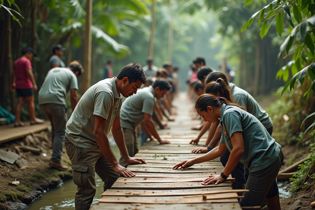 Volontaires construisant un pont en bois dans la nature tropicale