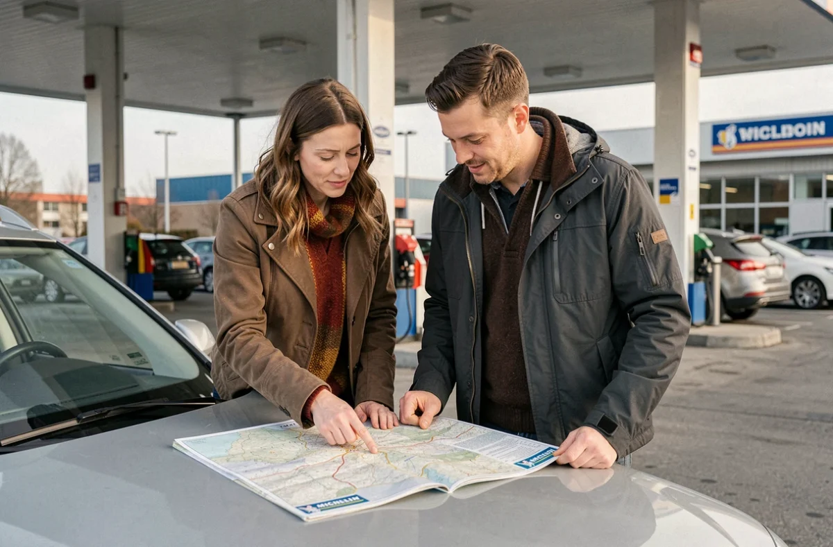 Couple consultant un atlas Michelin posé sur le capot d'une voiture dans une station-service