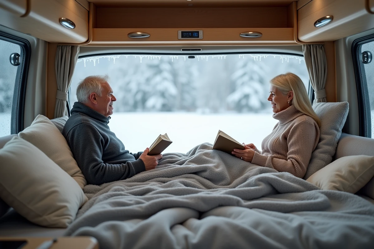 Couple confortablement installé dans l'espace nuit d'un camping-car avec vue sur un paysage hivernal enneigé