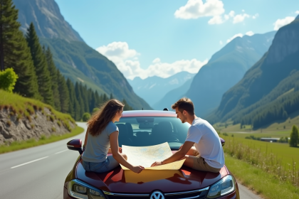 Jeune couple sur la voiture en montagne avec carte