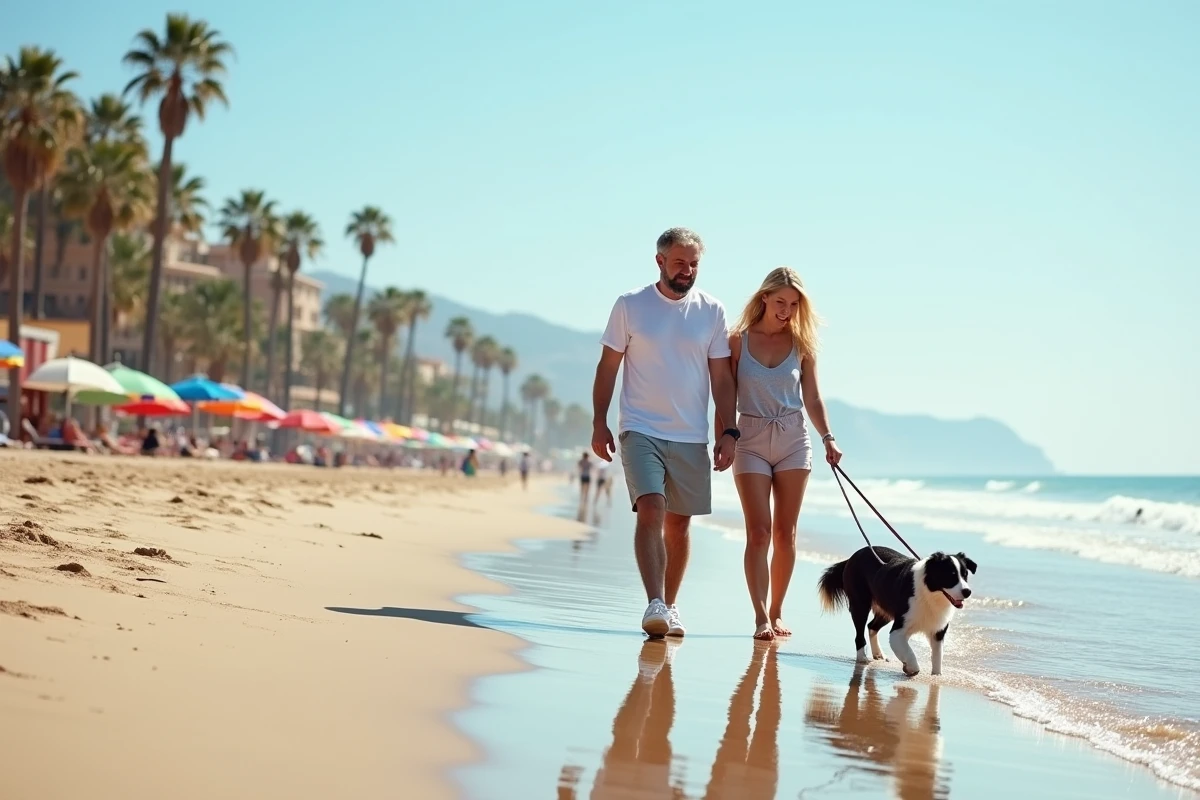 Couple avec un border collie en promenade sur une plage pet friendly de Valence en Espagne