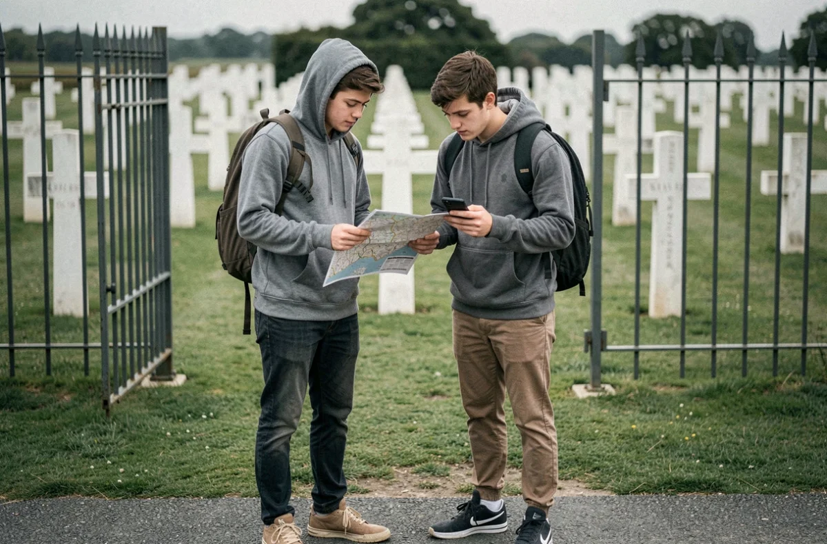 Couple de voyageurs consultant une carte devant le cimetière américain de Colleville-sur-Mer pendant un itinéraire des plages du débarquement en Normandie