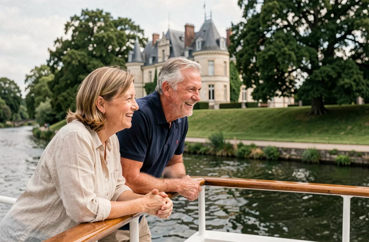 Couple profitant d'une croisière sur l'Erdre avec vue sur un château en arrière-plan