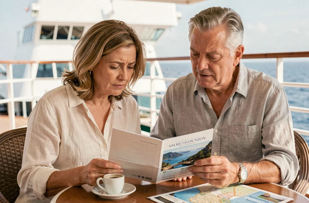 Couple adulte consultant une brochure d'excursion en croisière sur le pont promenade
